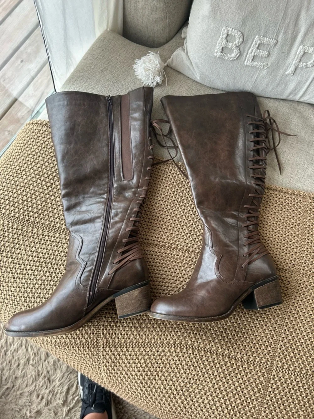 Brown Over-the-Knee Lace-Up Boots | Block Heel | Size 11 Wide